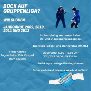 Read more about the article Gruppenliga D- und C-Jugend 2023/24: Kommt zum Probetraining!