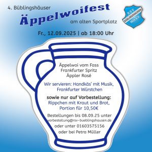 Mehr über den Artikel erfahren Der RSV lädt ein zum 4. Büblingshäuser Äppelwoi-Fest!